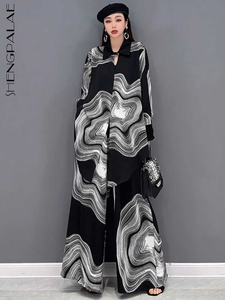 

SHENGPALAE рубашка, брюки, комплект из 2 предметов, модная женская блузка с длинными рукавами и принтом, свободные широкие брюки с эластичной резинкой на талии, 5QR722