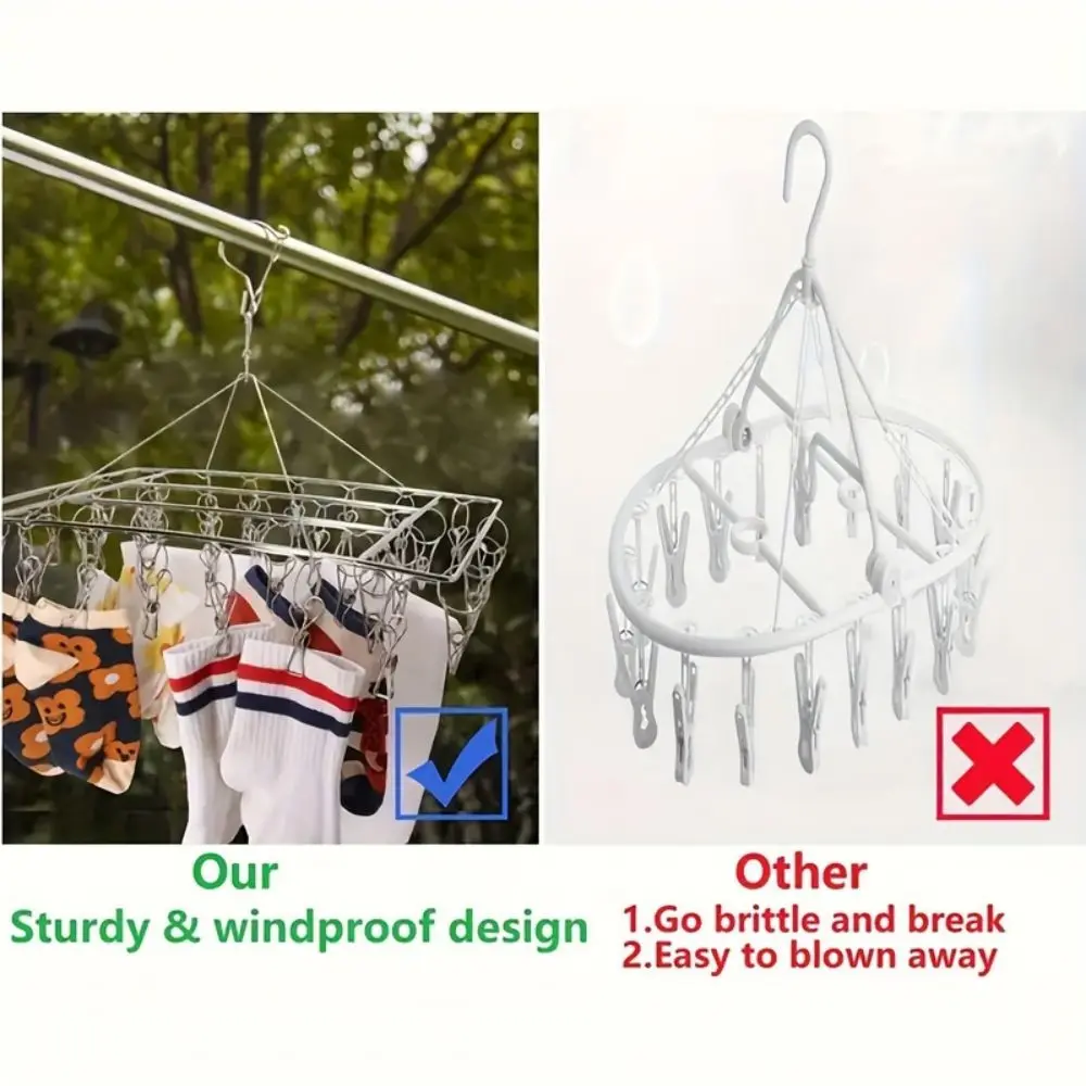 1pc Sock Drying Rack With 30 Hooks, Stainless Steel Rotatable Hanger, Windproof Drip Hanger, Foldable Sock Hanger 4