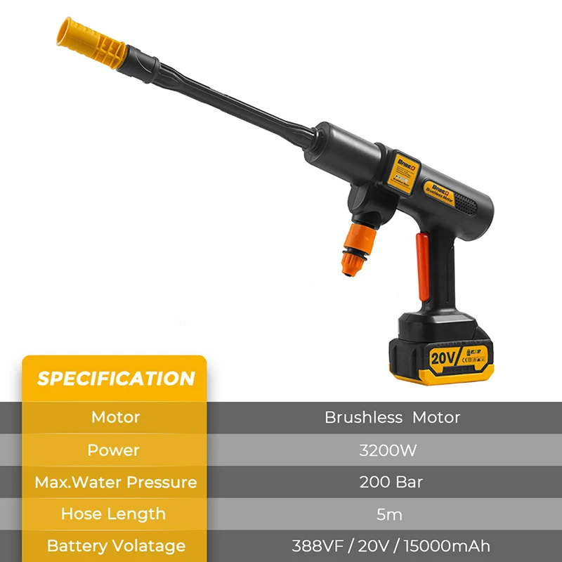 BABEQ 200Bar High Pressure Brushless Car Washer Gun Multiple Nozzles Electric Water Gun for Auto Home Wireless Car Washing Tools 4