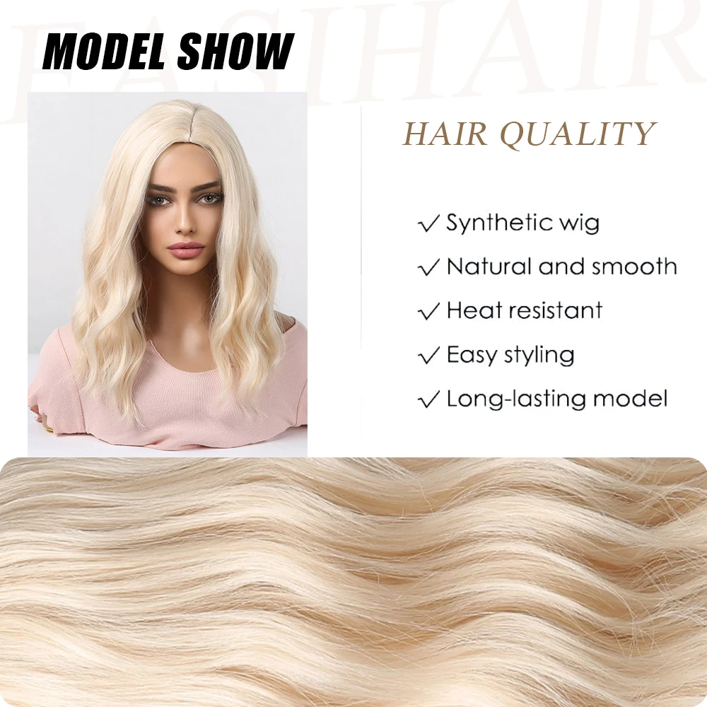 Hellgoldene, kurze, gewellte Bobo-Perücke, blonde synthetische Naturhaarperücke für Frauen, tägliches Cosplay, hitzebeständige Mittelteilperücke_voghion.com