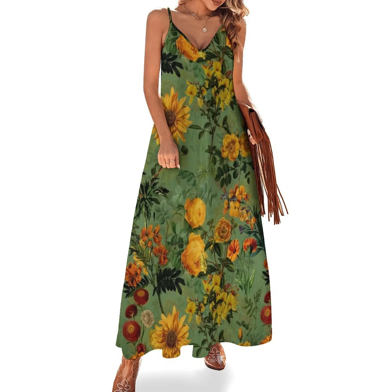 

Green Vintage Botanical Summer Roses Garden Sleeveless Dress Prom gown