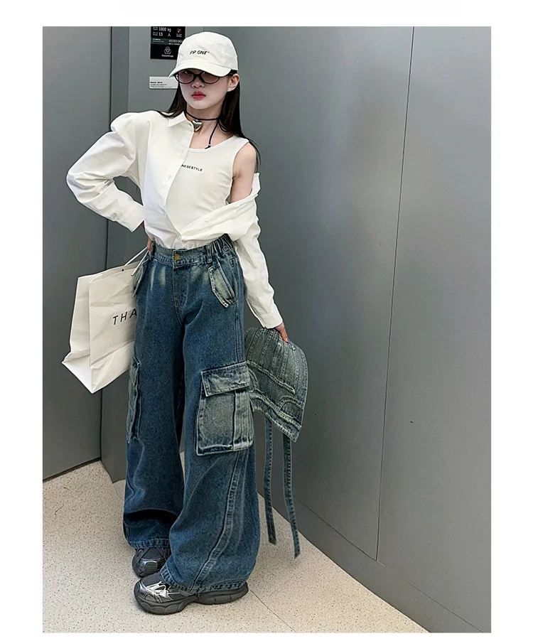 2025 Spring/Autumn Girls Denim Overalls Trendy Detachable Wide-Leg Jeans for Kids Stylish Versatile Casual Two Wear Trousers