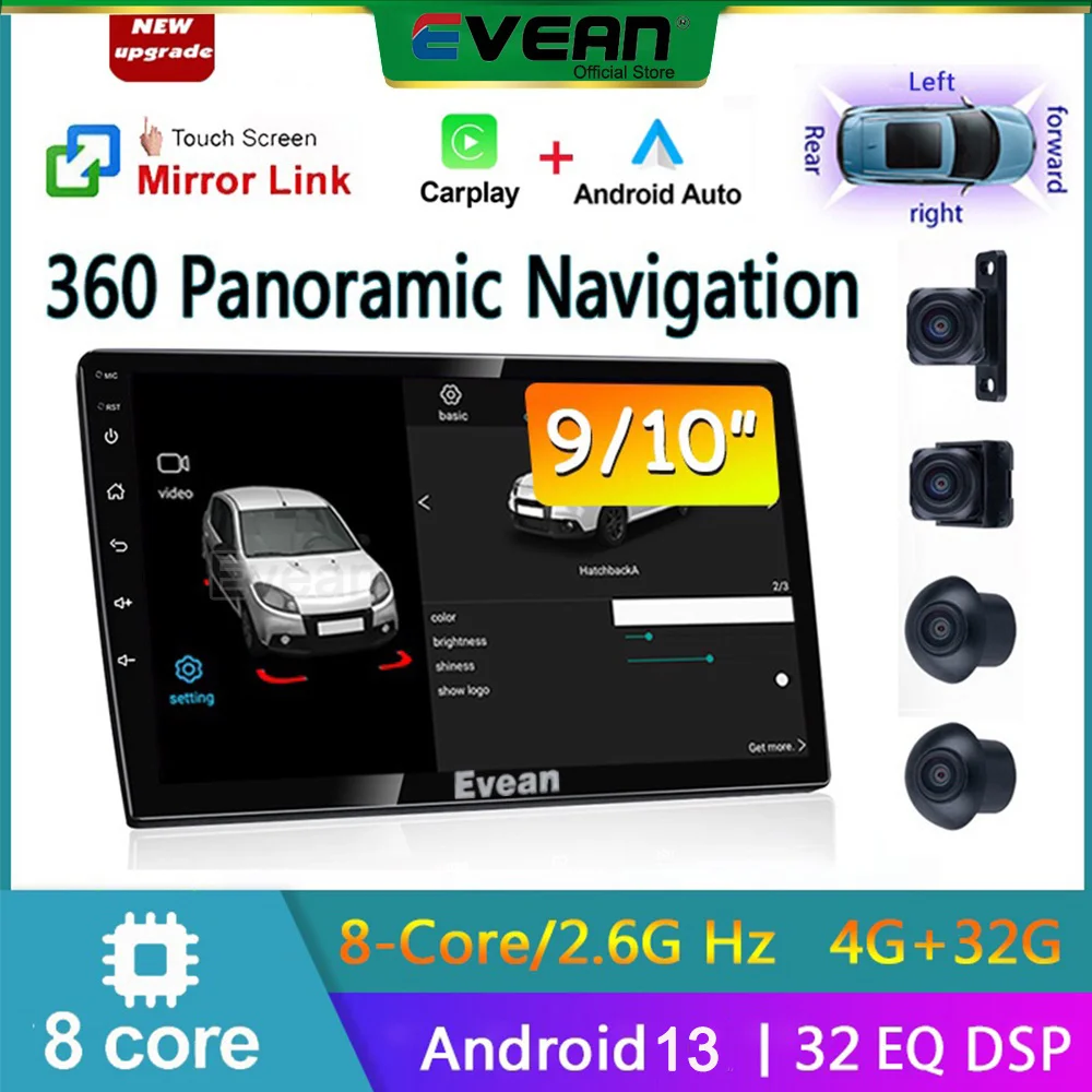 Автомобильный радиоприемник Evean 4G 32G Octa Core Android13, беспроводной Carplay и Android, автомобильный мультимедийный плеер 2 din, 360 панорамная камера, система