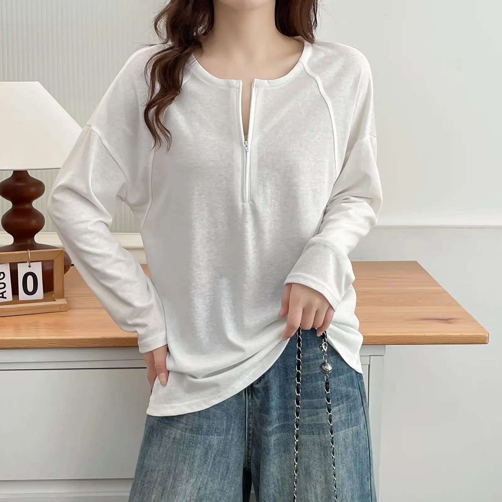 Fashion Plus Size Women's T-Shirt 2025 Autumn New Dotted Zipper semi-open Collar Snowflake Cotton Long Sleeve Tops 325