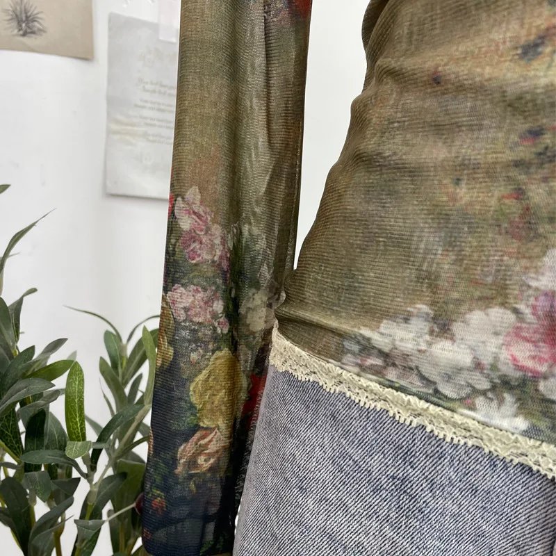 Description Picture 4 of itemVintage Oil Painting Printed Women T-Shirt Harajuku Tie-Dye Slash Neck Pleated Top Korean Chic Long Sleeve Lapel Tees New