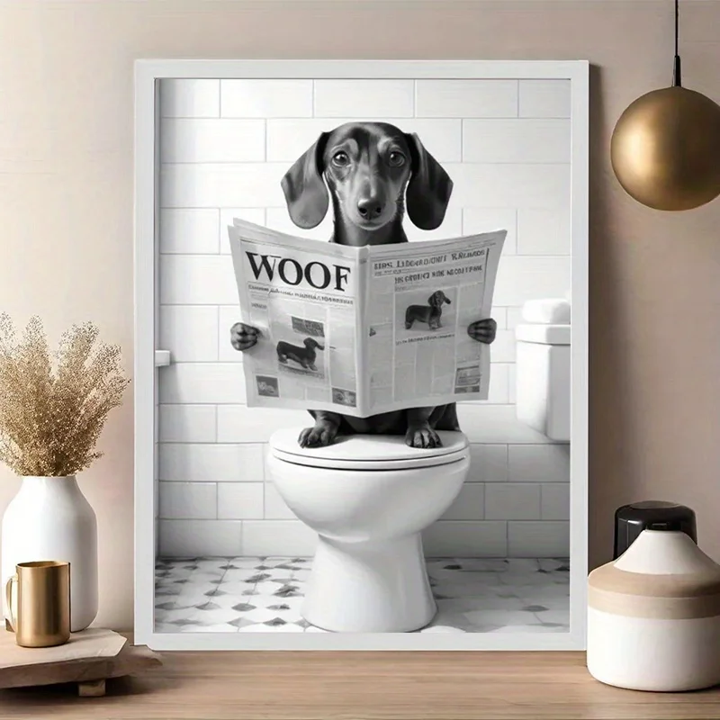 Cane da compagnia che legge il giornale 'WOOF' sul WC, regalo divertente per gli amanti dei cani, scelta perfetta per la decorazione del bagno, regalo creativo - immagine 2