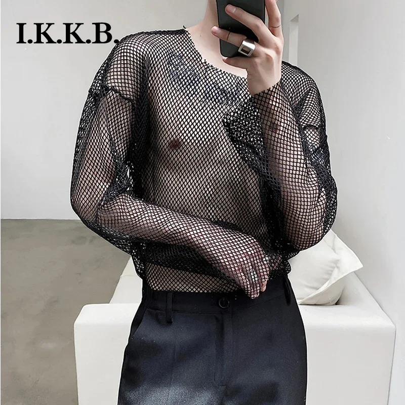 

Night club trendy young men's mesh perspective dress sexy bottoming shirt Korean loose Lace Long Sleeve T-Shirt Top