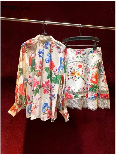 Svoryxiu Fashion Autumn Vintage Gorgeous Flowers Print Skirt Suit Women's Lantern Sleeve Button Shirt Coat + Elastic Waist Skirt Uellow