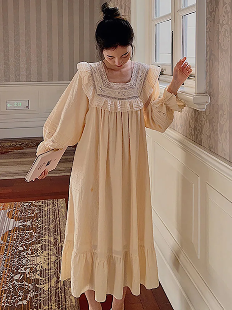 

Women Spring Autumn Pure Cotton Fairy Pajama Night Dress Vintage Princess Nightgowns Loose Long Sleeve Victorian Sleepwear