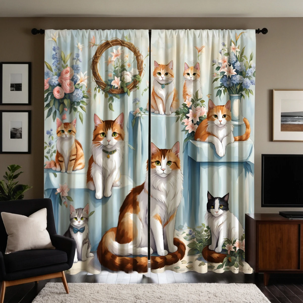 2pcs HD cute cat pet flowers decorative curtain Blue tie digital printed curtain Home Decoration style Decoration living room 5