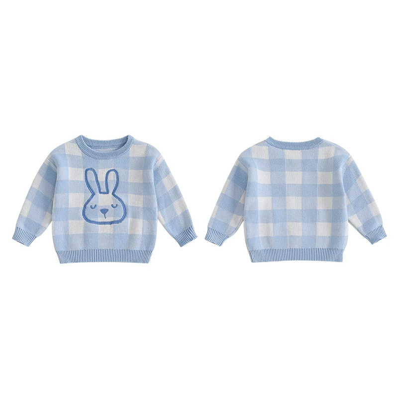 FOCUSNORM 0–3 Jahre schöner Baby-Pullover für Jungen und Mädchen, 2 Farben, Kaninchen-Stickerei, karierter Druck, langärmelig, Rundhals-Strickpullover – Detail 9