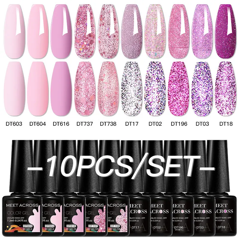 MEET ACROSS 10Pcs/Set Sparkly Glitter Red Pink Gel Nail Polish Fluorescent Semi Permanent Nail Art UV Gel Varnish Manicure Kits 6