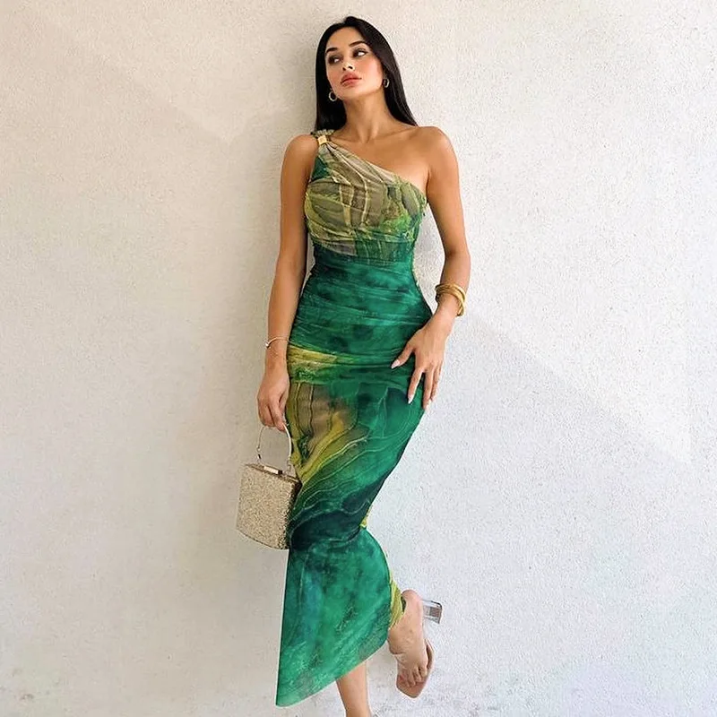 

Green Print Long Dress Women Fashion One Shoulder Slim Evening Party Dresses Summer Sexy Backless Ruched Maxi Dress 2024