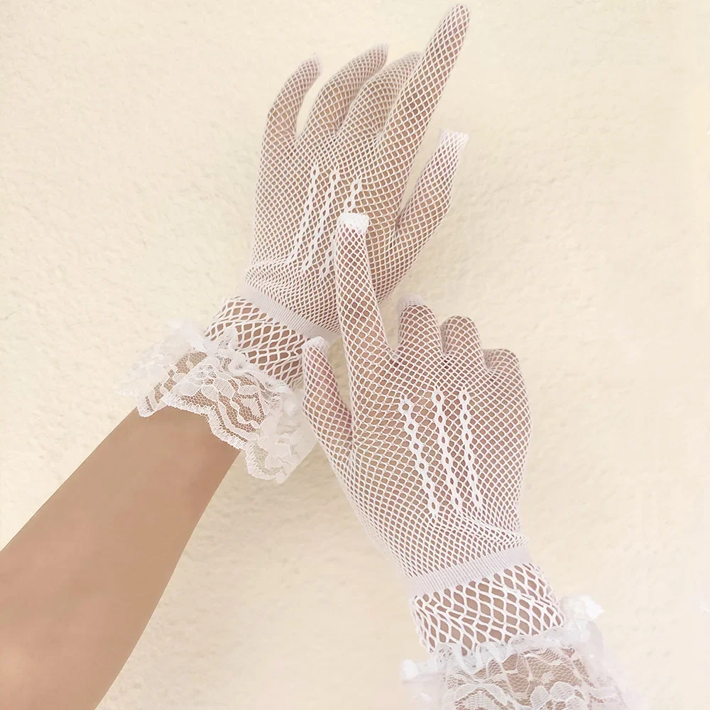 Girls Lolita Lace Hollow Out Gloves Women Ceremony Etiquette Mesh Thin Mittens Gothic Punk Sexy Glove Black White Soft Elastic