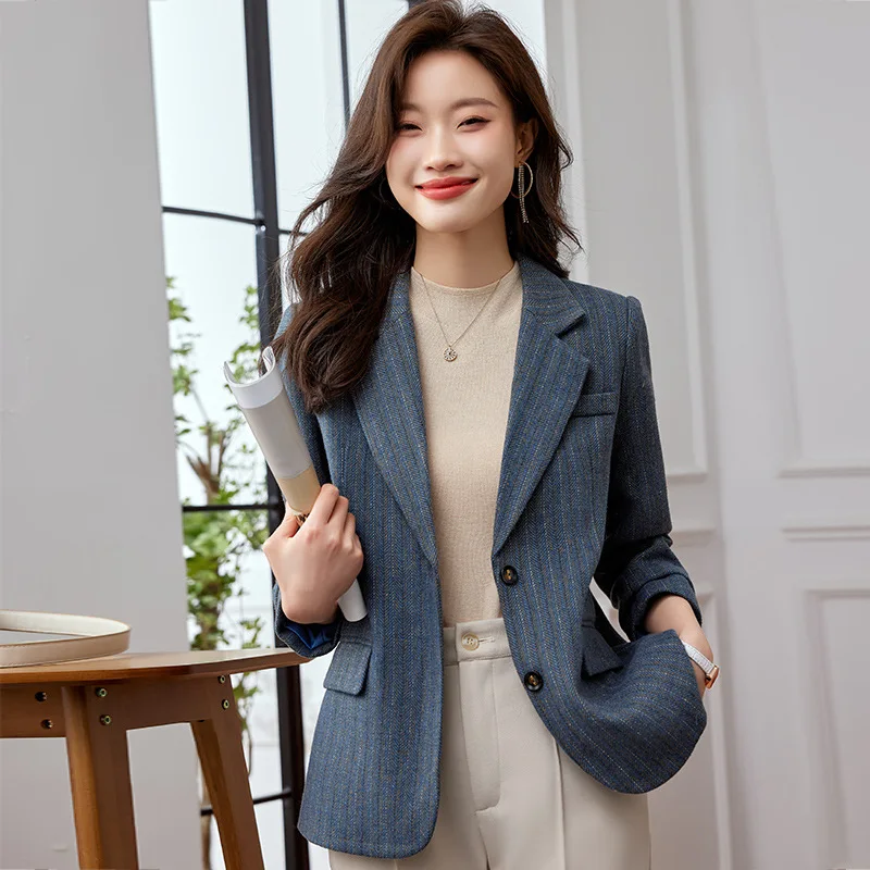 High quality blazer for women striped jacket single breasted new spring 2024 elegant fashion clothes - orange beige blue