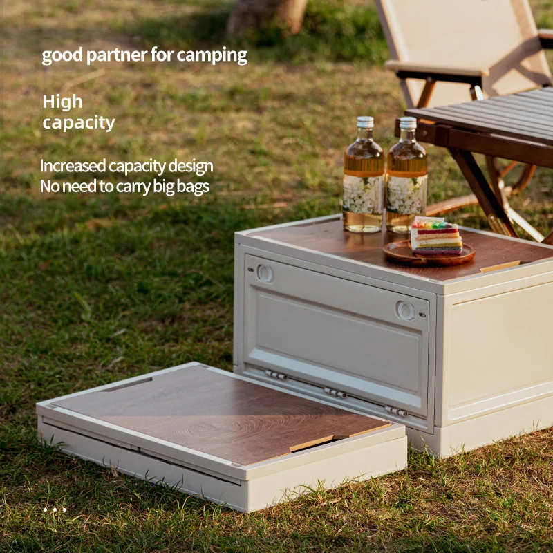 

Stackable Storage Bins Containers With Wheels Folding Storage Camping Box with Wooden Lids