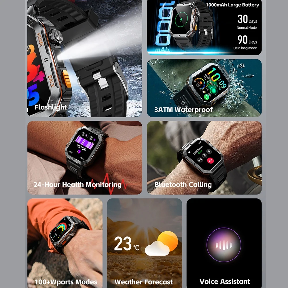 1000 mAh large Battery Outdoor Military Smartwatch Men With LED light 3ATM Waterproof 2025 New Smart Watch