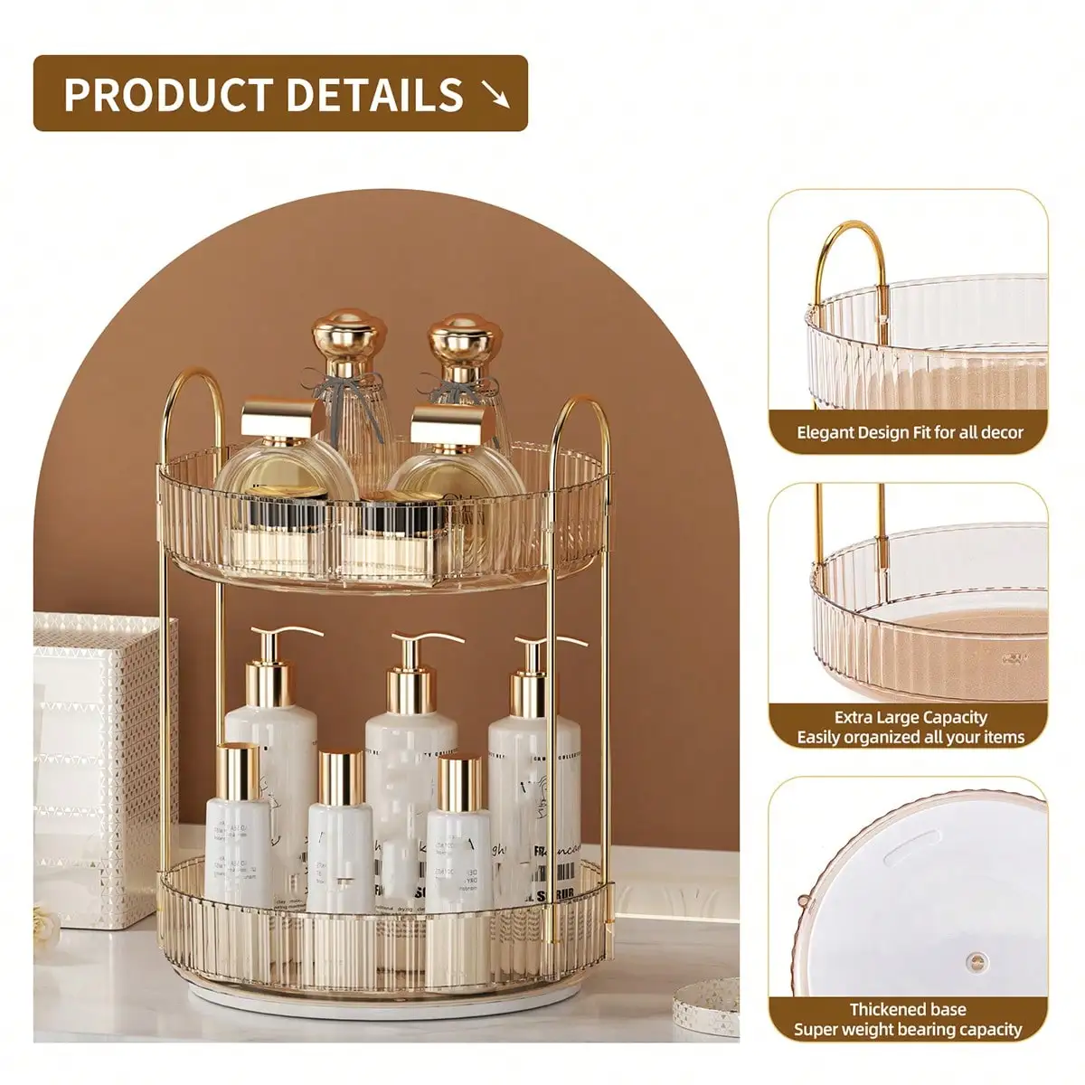 360° Rotating Makeup Organizer, 2 Tiers, High Capacity Cosmetic & Skincare Storage for Vanity, Dresser, Bathroom (Clear White) 4