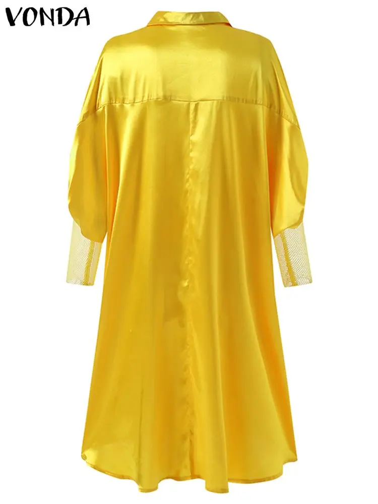 Primavera na Altura do Joelho Vestidos de Festa Vestido Feminino Vonda Vestidos Manga Longa Puff Retalhos Lapela Colarinho Botão Acima Oversized 13 Home & Garden