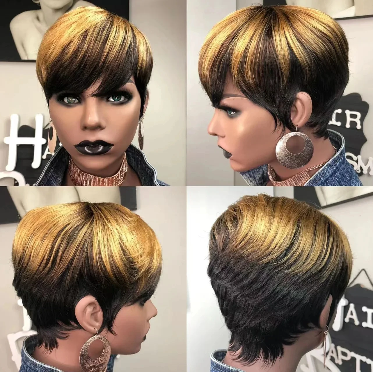 

Synthetic Hair Wig Short Pixie Bob Hair Highlight Straight Honey Blonde Mix Black Wig With Bang For Women