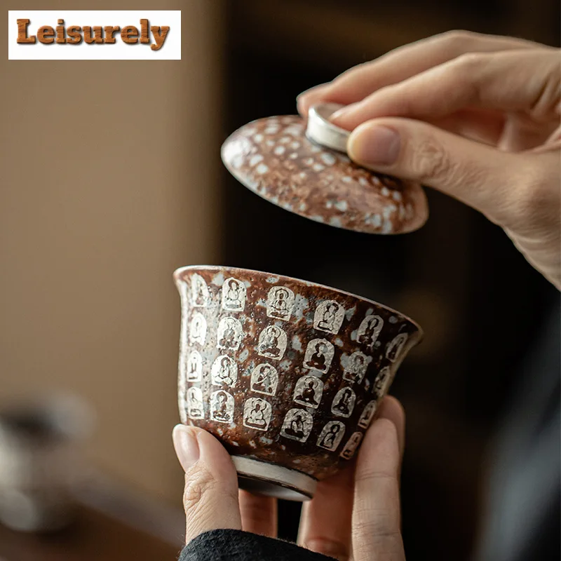 100ML Handmade Old Rock Mud Gaiwan Luxury Gilded Silver Buddha Tea Tureen Tea Brewing Cover Bowl Tea Items Accessories Craft