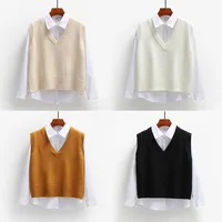 Women Knitted Sweater Vest 2022 Spring Autumn Short Loose Vintage Sweater Sleeveless Girls V-Neck Pullover Tops Female Outerwear 1