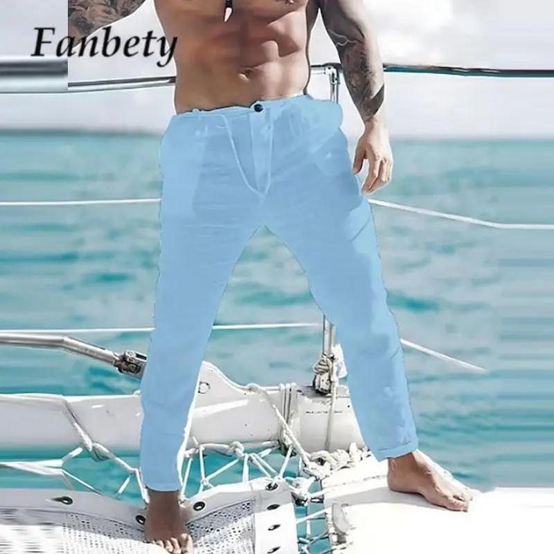 

Summer Holiday Beach Men Long Pants Casual Solid Color Slim Straight Pants Simple All-match Male Breathable Cotton Linen Trouser