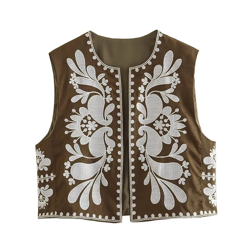 2024 Women Vintage Floral Embroidered Open WaistCoat Ladies