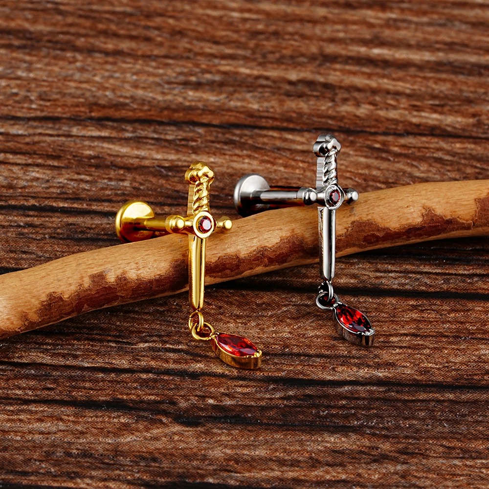 Right Grand ASTM F136 티타늄 16G 후작 혈액 CZ 댕글 단검 플랫 백 스터드 Labret 칼 스터드 귀걸이 연골 스터드 댕글 헬릭스 Tragus 귓불 피어싱 바디 쥬얼리