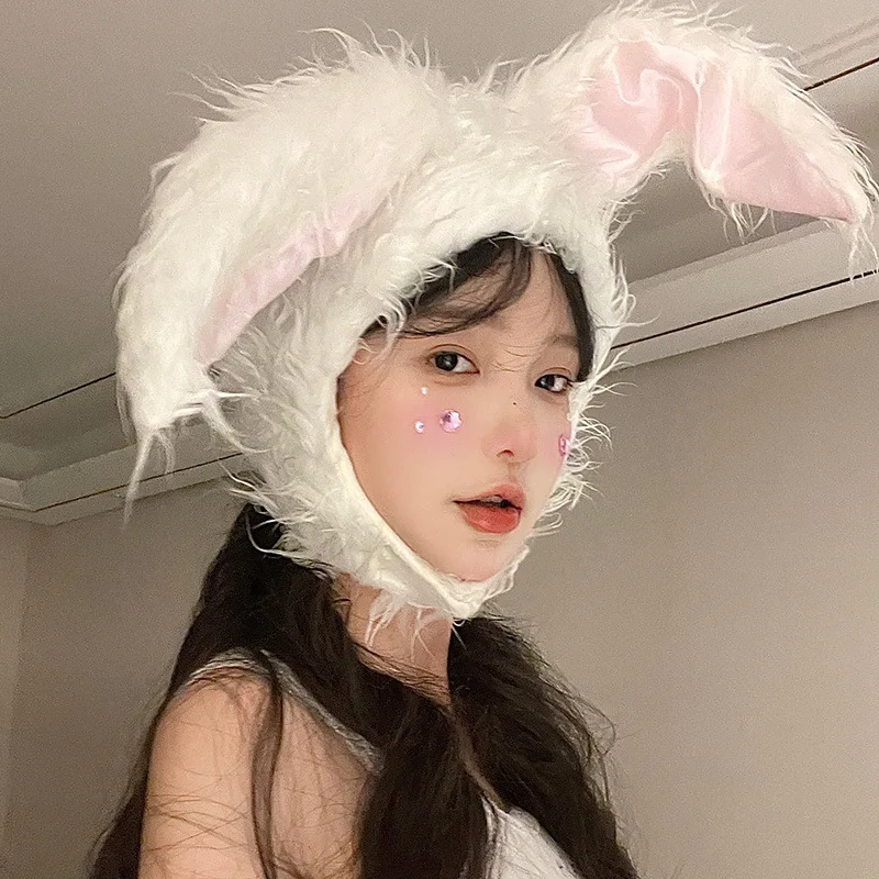 Cute Rabbit Bunny Ears Hat for Women Girls Kawaii Earflap Cap Warm Head Warmer Winter Hat Girls Beanie Halloween Bunny Hats 4