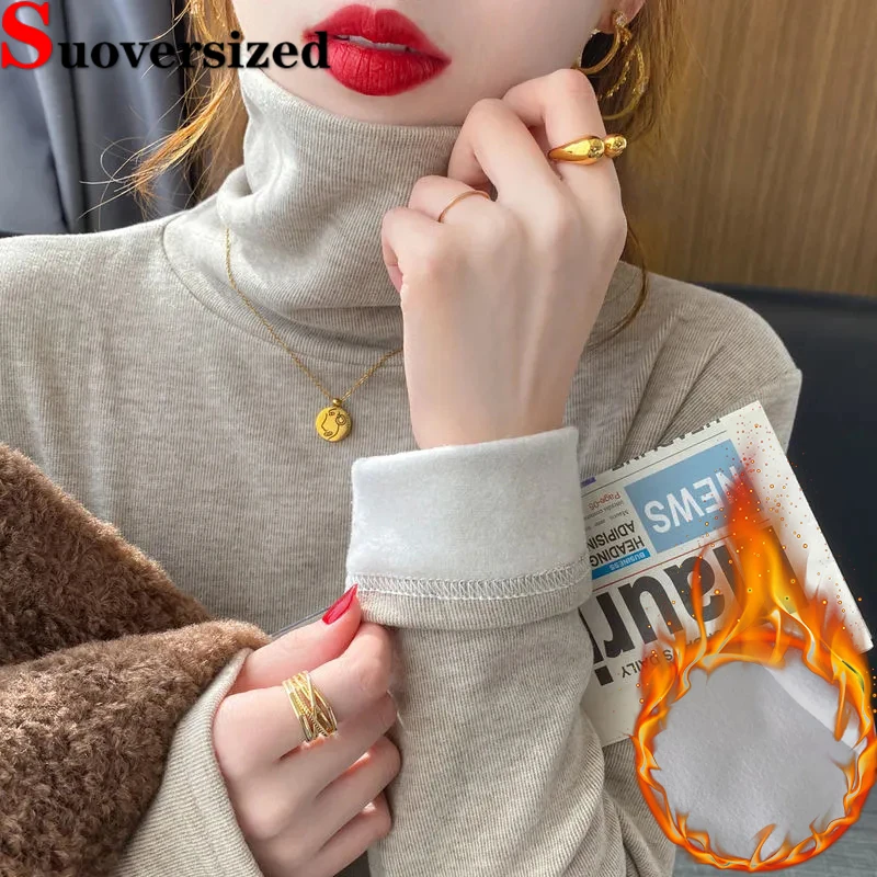 

Winter Warm Turtleneck T-shirts Plus Velvet Slim Bottomed Tees Thick Casual Long Sleeve Tshirt Solid Color Basic Women Camisetas