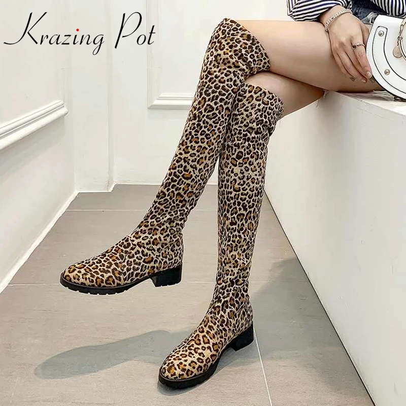 

Krazing Pot Big Size Flock Round Toe Med Heel Stretch Boots Leopard Print High Street Fashion Winter Over-the-knee Boots L5f3
