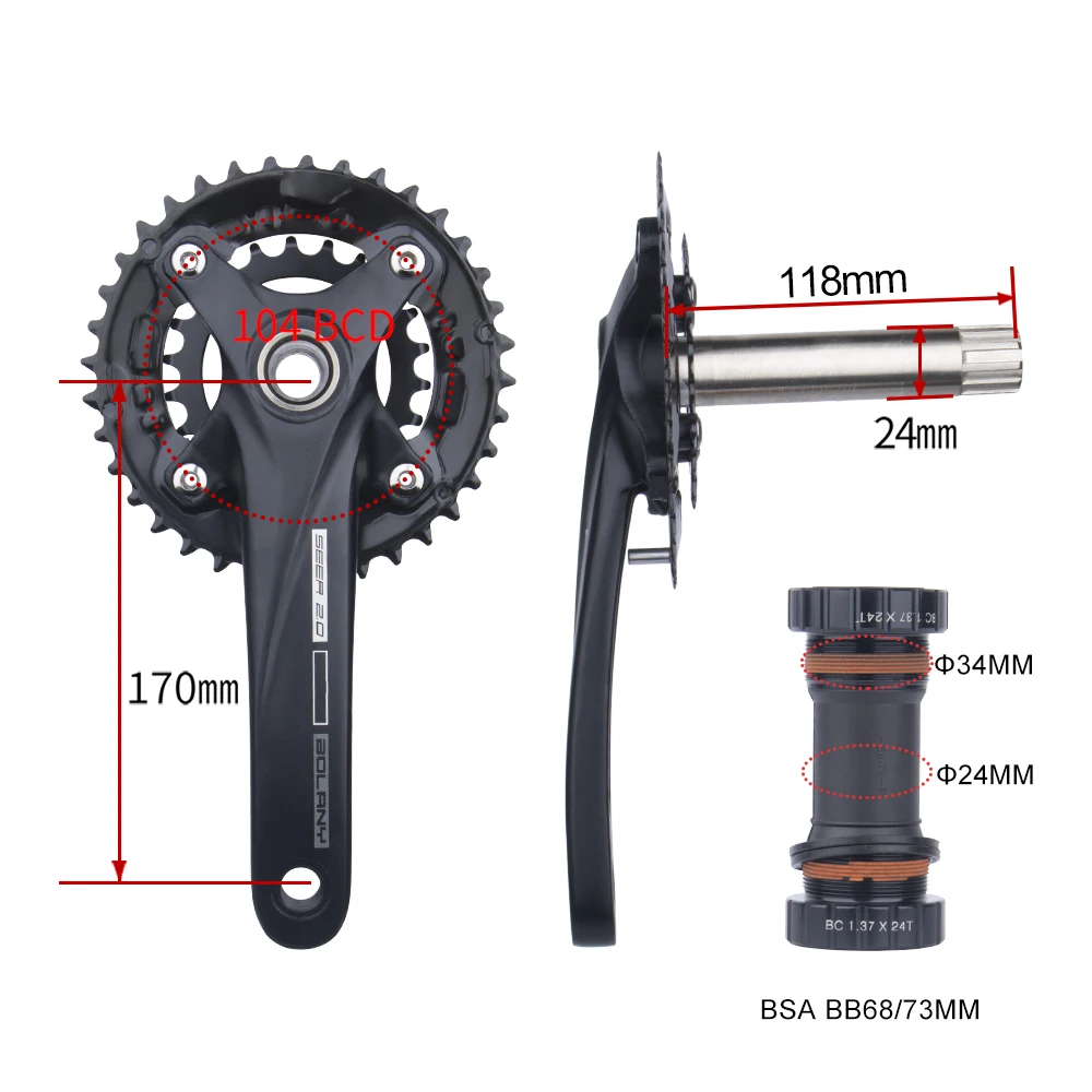 Bolany MTB Bicycle Crankset 104BCD Hollow Crank 170mm Integrated Crank  Chainring 22-36T/24-38T With Bottom Round Hole Crankset