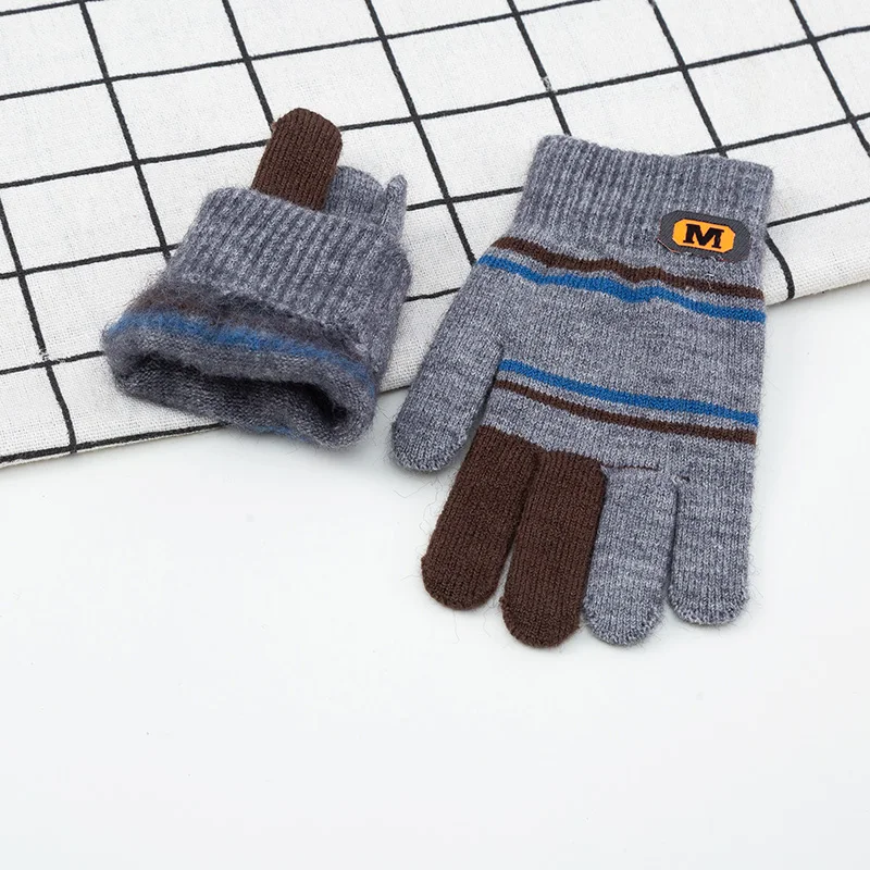Children Gloves For 5-12 Years Boys Knitted Autumn Warm Split Finger Color Matching Winter Outdoor Playing Boys Gloves