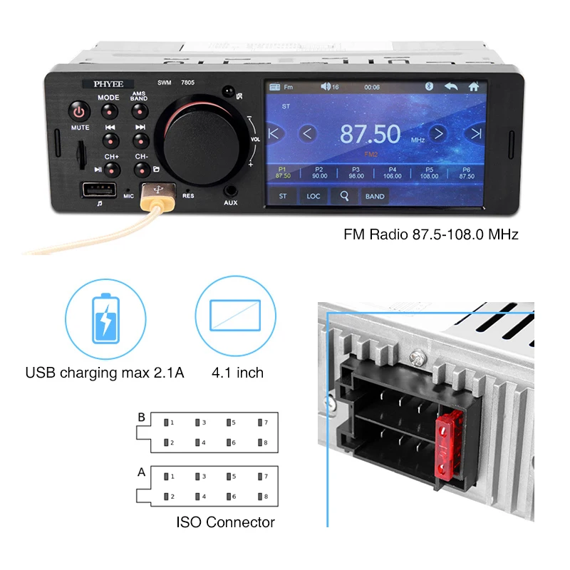 Radio del coche de la pantalla táctil 1 Din 4,1 ”de Audio y vídeo Bluetooth  MP5 jugador TF USB de carga rápida ISO remoto sistema estéreo unidad 7805C  - Historial de precios