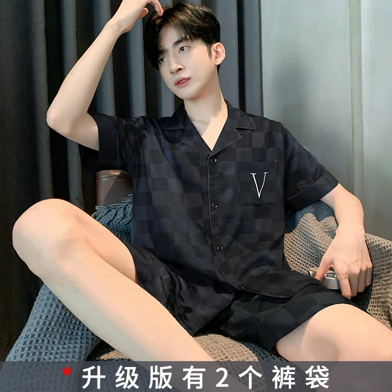 Men's Pajamas, Short Sleeved Shorts, Thin Ice Silk, Summer Men's Summer Silk, Men's Outdoor Home Clothing Set Sleepwear Pajama