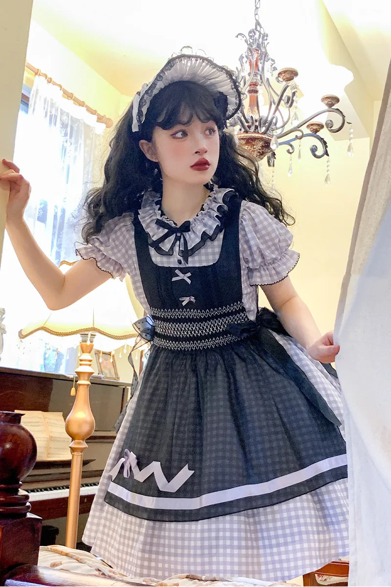 Lady Mesh Polka Dot Short Dress Lolita Girl Long Puff Sleeve