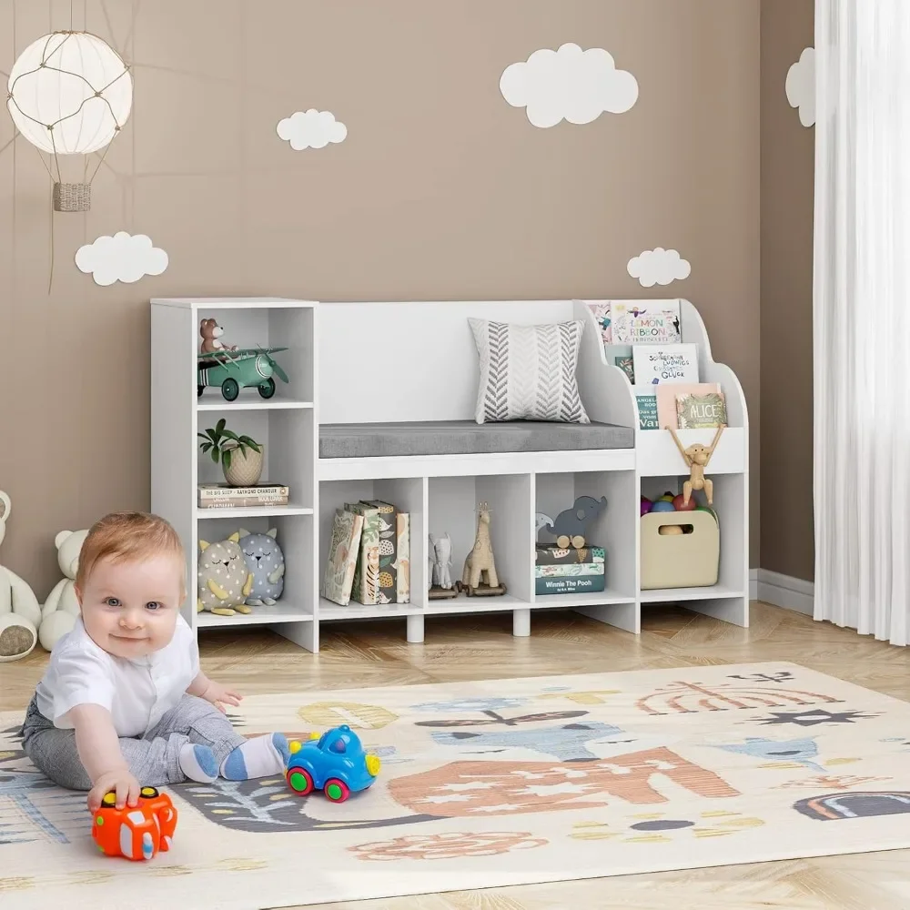 Bookcase with Seat Cushion and Adjustable Shelf, Storage Bench with Book Rack for Bedroom, Entryway,Playroom 5