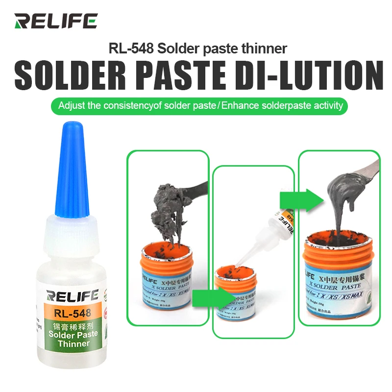 RELIFE RL-548 10ml Universal Solder Paste Thinner Tin Cream Dilution Tin Cream Dilution Liquid with Fully Sealed Design 50ml universal soldering paste thinner auxiliary heat bga pcb smt parts welding repair tool soldering gel tin cream thinner