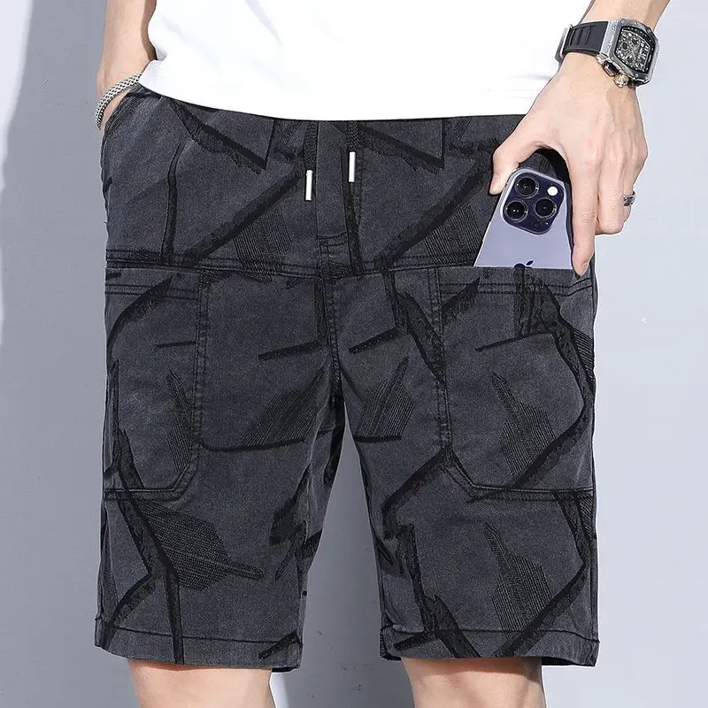 Summer Vintage Thin Denim Shorts Men Harajuku Sweatpants Pocket Elastic Jeans Slim Straight Leg Men Clothing Luxury Brand