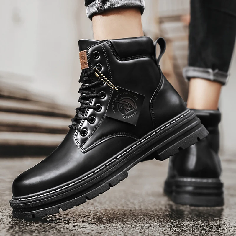 Mens Leather Boots Black for Men Winter Waterproof Lace Up Short Ankle Hiking