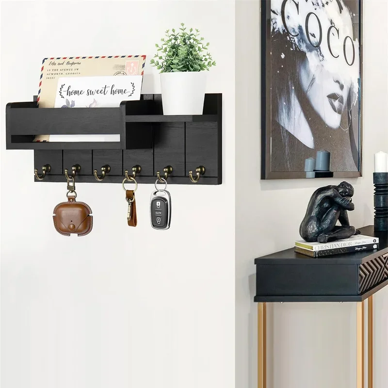 Decorative Key Rack and Mail Organizer with 6 Key Hooks Rustic Wood Key Holder Wall Mounted with Shelf for Living Room Enterway 5