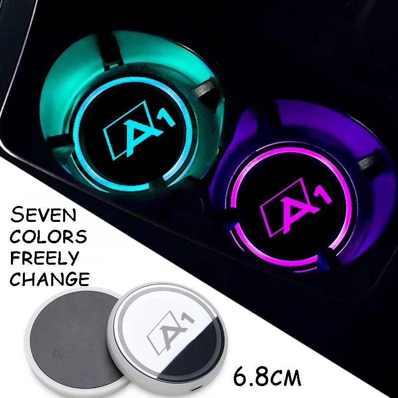 2Pcs For Audi A1 USB Charging Atmosphere RGB Light Non-slip Coasters Luminous Car Water Cup Coaster LED Drink Holder Mats