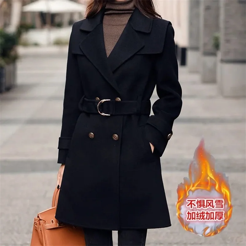 

Black Double-Sided Woolen Coat Women's Long Outerwear 2023 New Autumn Winter Add Velvet Overcoat Hepburn Wool Jacket Female Tops