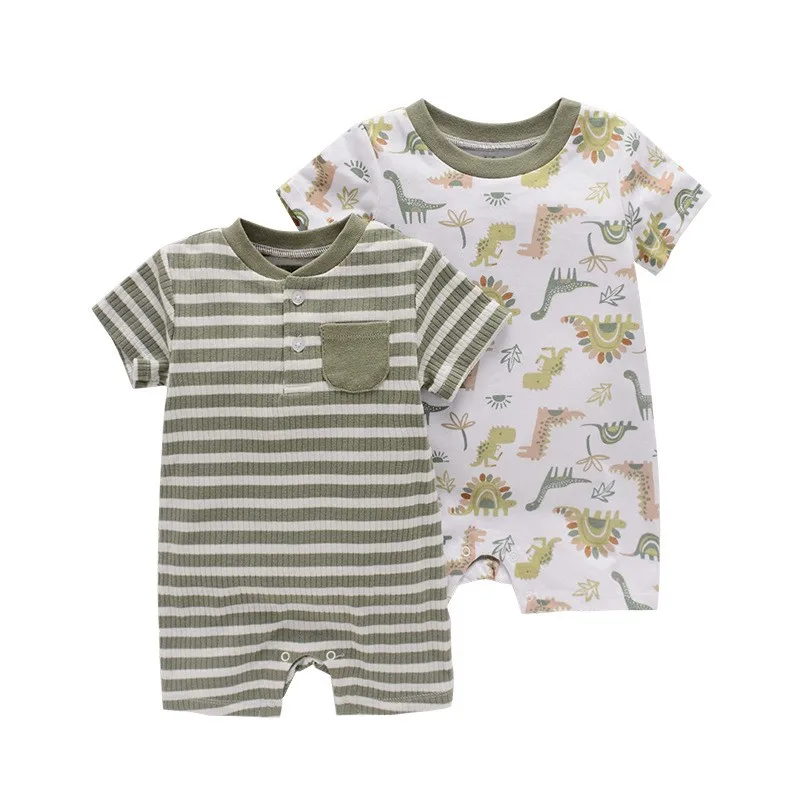 Newborn Baby Dinosaur Jumpsuit 2-Piece Set Of Striped Printed Baby Summer Short Sleeved Clothes 1