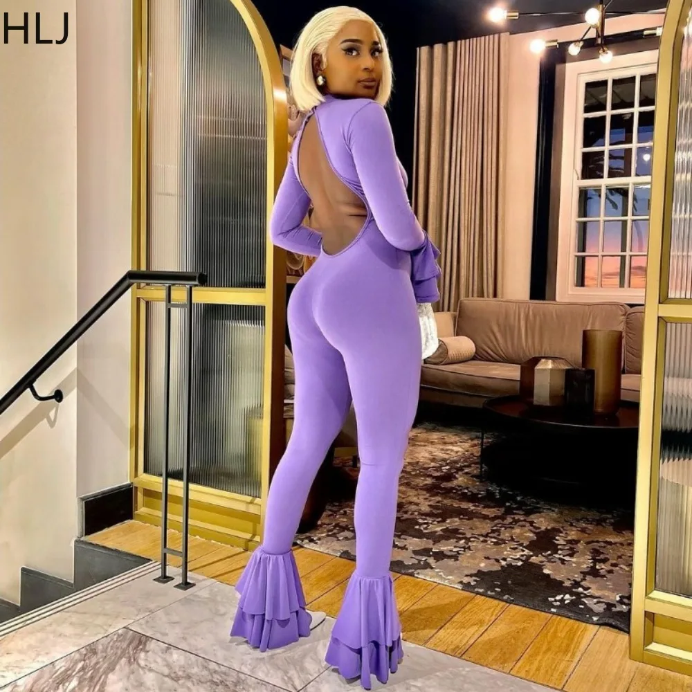 HLJ Sexy Solid Color Bodycon Backless Jumpsuits Women Round Neck Flared Sleeve Slim Playsuits Casual Female Sporty Overalls 2024