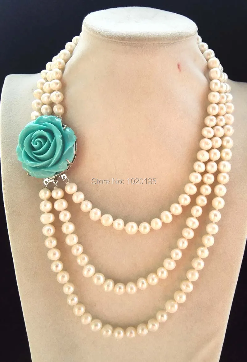 

3rows freshwater pearl white near round 8-9mm 17-20inch necklace green flower clasp wholesale bead gift discount nature