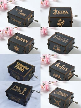 Wooden hand cranked music box, Sky City, exquisitely carved with multiple black creative DIY dark music boxes