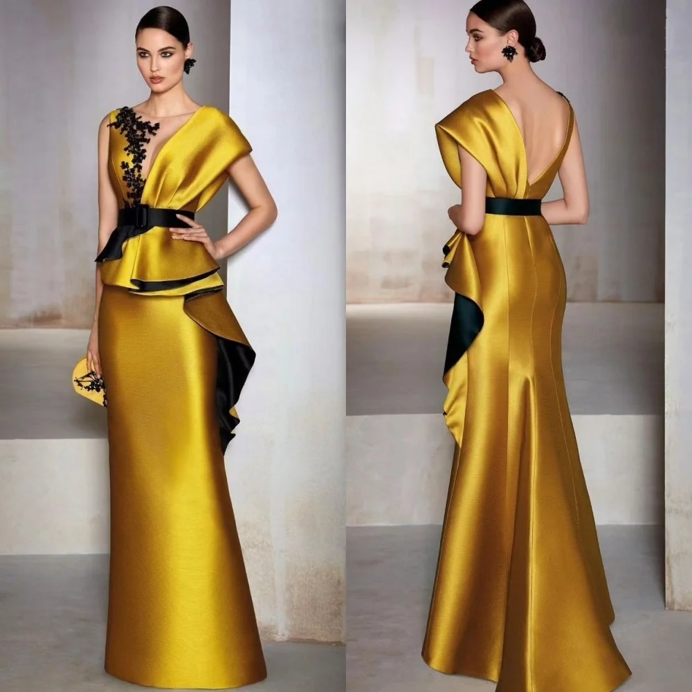 

Satin Applique Sash Ruched Clubbing A-line V-neck Bespoke Occasion Gown Long Dresses