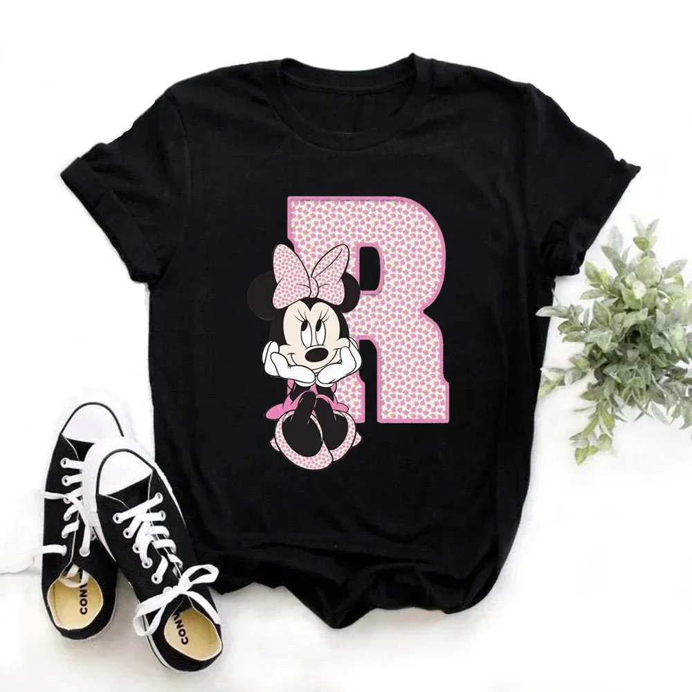 thumbnail image 1 of Camiseta de algodón para niños de Disney Minnie Mouse, divertida camiseta con estampado de 26 letras mayúsculas de la A a la Z, camisetas góticas para niñas, camisetas kawaii de verano, 1 of 5